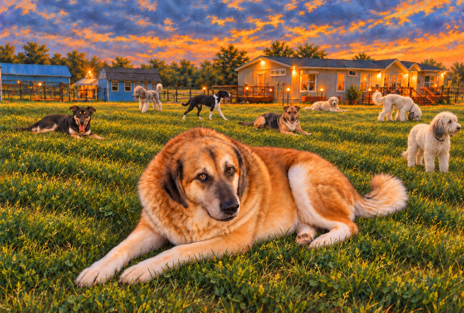 Painting of Rocco resting in the grass with Dug, Arya, Robin and other sanctuary dogs near our Central Texas buildings