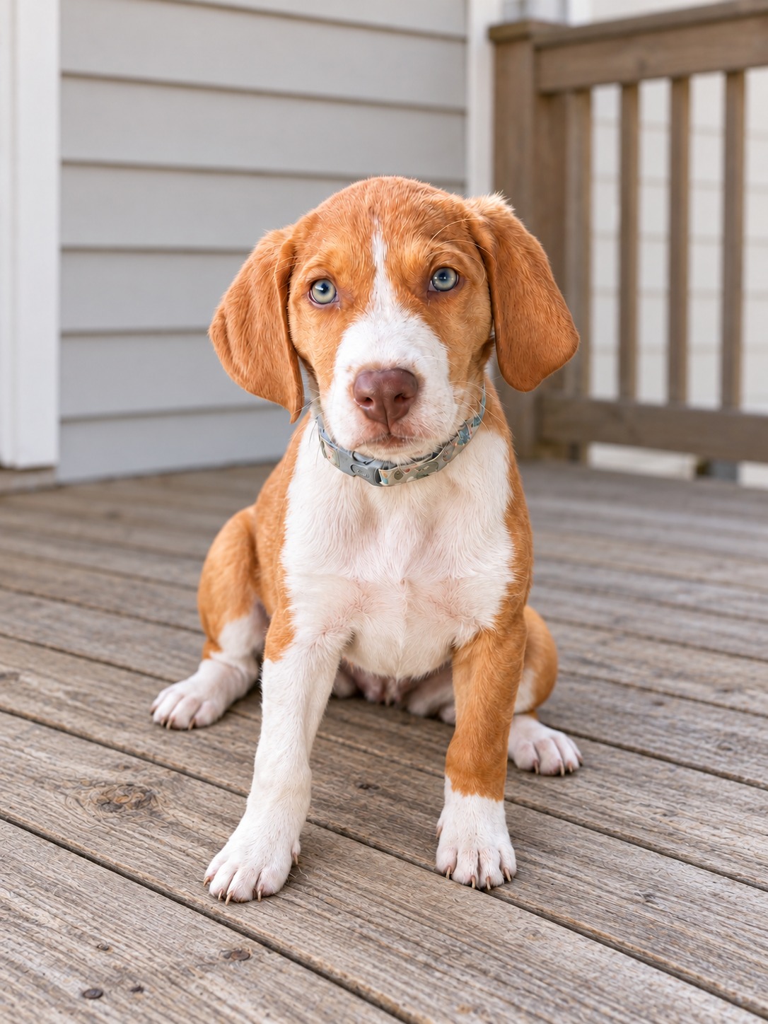 Tinker sitting on a wooden deck